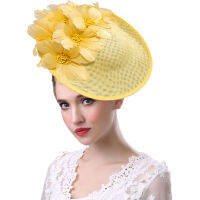 สีเหลืองบิ๊ก Fascinator แต่งงานหมวกผู้หญิงคาดศีรษะและกิ๊บคริสตจักรพรรค C Hapeau F Emme หูฟังขนนกดอกไม้ H Eadwear