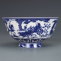 【The bowl of oranges】 ราชวงศ์ชิง Qianlong ปีเครื่องหมายสีฟ้าและสีขาวรูป Guiguzi ชามดาวน์ฮิลล์เครื่องประดับโบราณพอร์ซเลนคอลเลกชันโบราณ