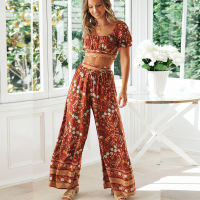 TEELYNN Wide Leg Pants Crop Top Women Suit Set Vintage Orange Floral Print Elastic waist Rayon Cotton Boho Summer Beach wear set