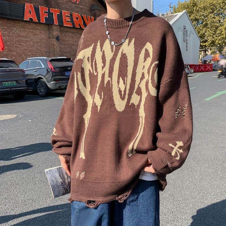 asrv-เสื้อกันหนาว-ผช-เสื้อกันหนาว-ผู้ชาย-สเวตเตอร์ชาย-sweaters-for-men-สำหรับทั้งหญิงและชายเสื้อสเวตเตอร์เสื้อสเวตเตอร์ผ้าแจ็คการ์ดตัวอักษรโบราณแขนยาวเสื้อกันหนาวทรงหลวมๆเสื้อยืดคอกลม