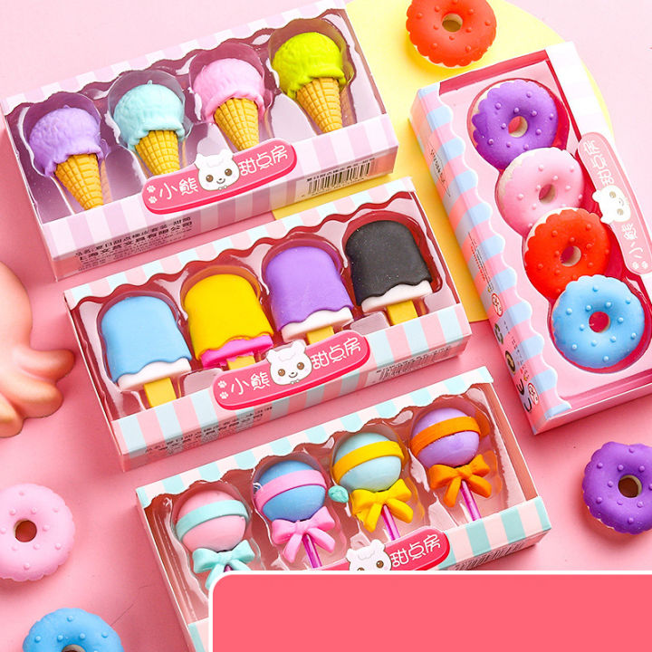 4 Pieces /Pack Cute Dessert Eraser Set Rubber Creative Pencil Eraser ...