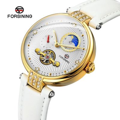 Forsining นาฬิกากลไกสำหรับผู้หญิง,เลดี้ฟลาวเวอร์เพชรนาฬิกากลไกนาฬิกาหนังสีชมพูโรแมนติกกันน้ำเรืองแสงนาฬิกาข้อมือผู้ชาย