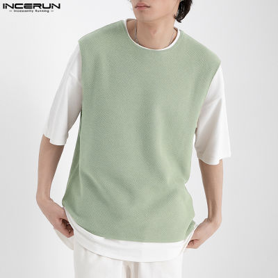 INCERUN เสื้อยืดแขนกุดสำหรับผู้ชายเสื้อกล้ามถักเสื้อคอกลมเสื้อทีเชิ้ตเสื้อสวมหัว (สไตล์เกาหลี)