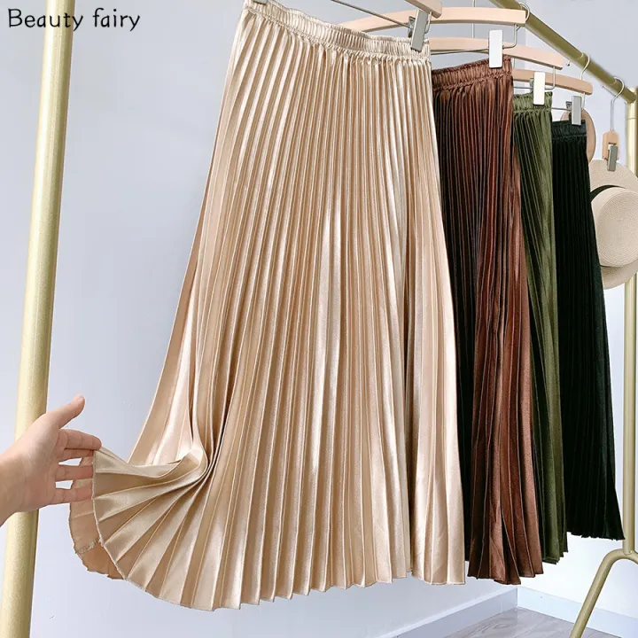 High waist satin pleated skirt retro long skirt labuh kembang women ...