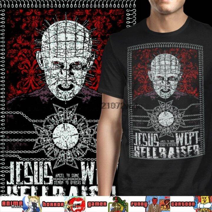 เสื้อยืดหนังสยองขวัญ Hellraiser Pinhead Jesus Wept Cenobites คลาสสิก