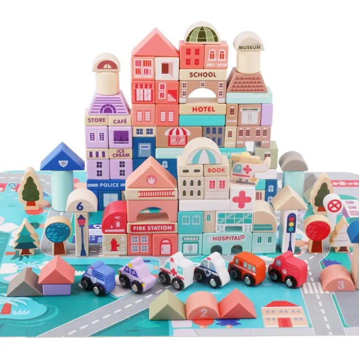 ๑ HCH Kids 115pcs Wooden Colored City Building Construction Educational ...