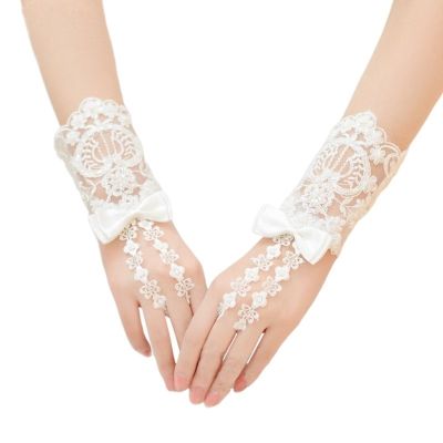 ┋ E15E Vintage Embroidery Floral Lace Short Wedding Gloves Satin Bowknot Decor Imitation Pearl Beaded Bridal Fingerless Mittens