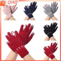 QIAO Women Men Winter Elastic Cartoon Cats Cute Knitted Gloves Full Finger Touch Screen Mittens Thicken Warm