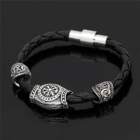 MKENDN Vintage Men Viking Rune Beads Mjolnir Leather Bracelet Wristband Norse Mythology Runes Amulet Jewelry