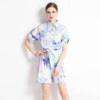 -Sleek, Loose-fitting Oversized Positioning Print Shirt Collar Jumpsuit Women