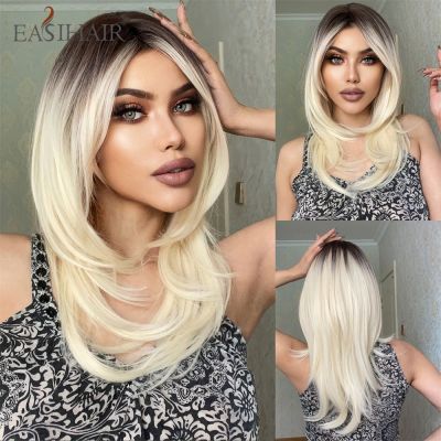 【jw】△❇◙ Synthetic Wigs Straight Blonde Ombre with Bangs for Layered Hair Wig Resistant