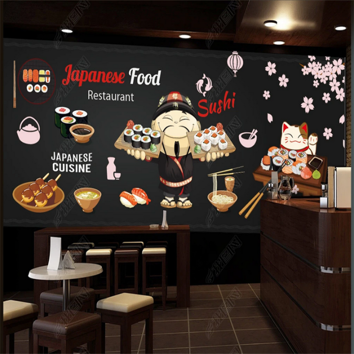 Custom Japanese food cherry blossom mural wallpapers for restaurant