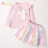 Baby Girl Clothes Unicorn Cotton Long Sleeve T-Shirt Mesh Mini Skirts 2PCS Set Spring Autumn Casual Children Clothing for Girls