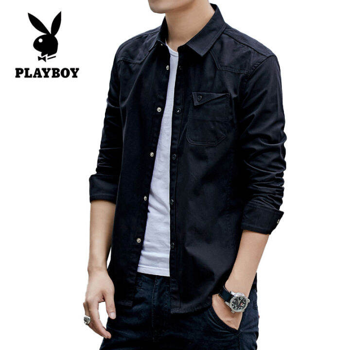 playboy-ฤดูใบไม้ร่วงเสื้อสไตล์ใหม่ผู้ชายแขนยาวผ้าฝ้ายบางพอดีกองทัพทั้งหมดจับคู่เสื้อผู้ชาย