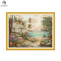 ◆ Joy Sunday Landscapes Cross Stitch Kits Cottage by the Sea Aida Fabric 16ct 14ct 11ct Embroidery Cotton Thread Diy Craft Set