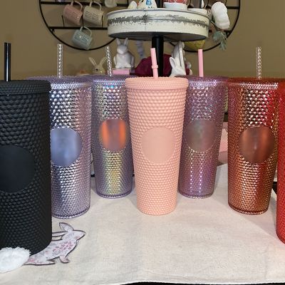【High-end cups】 Reusable Blank DIY 710Ml 24Oz 22Oz Diamond Iridescent Unicorn Matte Ombre Sipper Tumbler Studded Cold Bling Cup ไม่มีโลโก้
