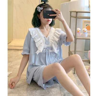 Princess Kawaii Pajamas For Women Summer Short Sleeve Sleepwear Elegant Lace Cotton Nightgown Lolita Girls Home Clothes Harajuku