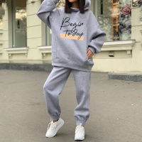 Letter Printed Womens Tracksuit Hoodies Hooded Oversize Long Sleeve Fleece Suit 2 Piece Set Female 2021 Sports Pants Lady Set