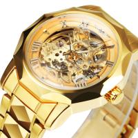 【YF】 WINNER Luxury Dodecagon Skeleton Automatic Mechanical Watches for Men Luminous Carved Movement Stainless Steel Strap Gold Watch