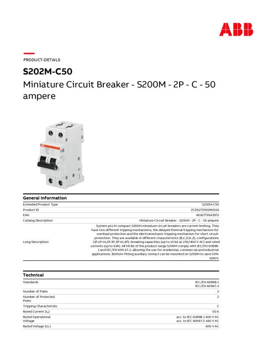abb-s202m-c50-เมนเซอร์กิตเบรกเกอร์-50-แอมป์-2-โพล-10ka-abb-system-m-pro-50a-mcb-mini-circuit-breaker2p-breaking-capacity-10-ka-s202m-c50