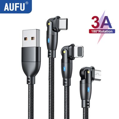┇❏ AUFU 3A Fast Charging Cable Type C For Samsung 180 Rotation IPhone Cable Micro Usb Charger Data Cord For Xiaomi Realme Poco F3