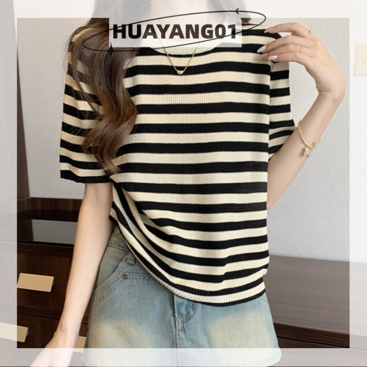 huayang01-2023แฟชั่นสุดฮอต-เสื้อยืดถักลายทางแขนสั้นย้อนยุคฤดูร้อนเสื้อผู้หญิงคอกลมเสื้อแบบหลวมลำลอง