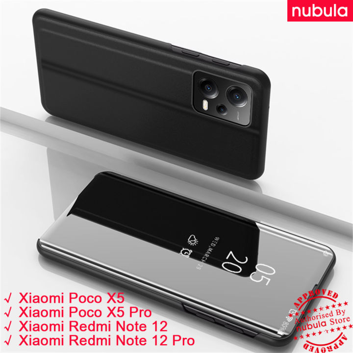 nubula-เคส-xiaomi-poco-x5-x5-pro-redmi-note-12-12-12-pro-เคสพลิกกระจกเงาเคลือบสุดหรูแบบฝาพับ-hp-xiaomi-poco-x5-note-12-pro-เคสหนัง-pu-แบบแข็งมีขาตั้งในตัวเคสแบบพับปิดได้มุมมองที่ชัดเจนสำหรับ-xiaomi-re