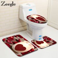 Zeegle Romantic Valentine 3Pcs Toilet Rug Set Non-slip Bathroom Floor Mats Flannel Bathroom Car Toilet Lid Cover Bath Mat Set