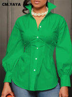 Cm.yaya Vintage Women Green White Lon Gsleeve Single Breasted High Waist Corset Tunic Blouse And Shirt Tops...