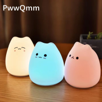 PwwQmm LED Kawaii Night Light โคมไฟแมว Wireless Touch Sensor แบตเตอรี่ซิลิโคนสัตว์เด็กวันหยุดห้องนอน Desktop Decor