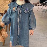 Childrens Clothing Girls Denim Dress 2023 Spring New Single Breasted Coat Embroidered Large Lapel Kids Fashionable Dress