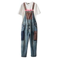 Mens Vintage Contrast Color Denim Bib Overalls Casual Patchwork Patch Design Jeans Big Pocket Jumpsuits Pants