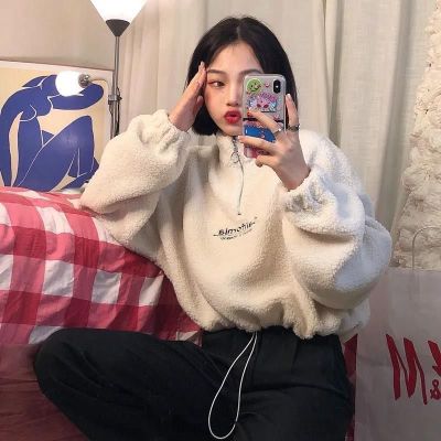 ‘；’ MEXZT Streetwear Women Letter Sweatshirt Pullovers Fashion Harajuku Thick Warm Faux Lamb Fleece Crop Tops Loose Y2k Clothes New