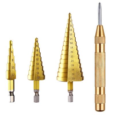 HSS Step Drill Bit Sets Straight Groove Titanium Coated Cone Hole Cutter with Automatic Center Punch For Metal Wood Tool