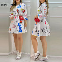 Women Casual waistband Puff sleeves All Over Print with letter Mini Dress