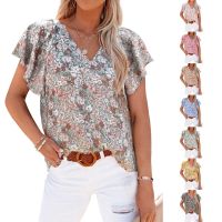 2023 summer new European and American top womens v-neck printed short-sleeved loose casual pullover shirt women ❤