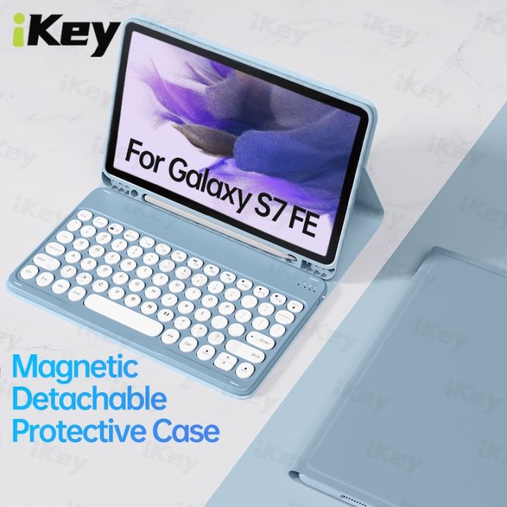 ikey-magnetic-detachable-wireless-bluetooth-no-led-light-backlit-round-keycap-button-keyboard-case-for-samsung-galaxy-tab-s7-fe-11-12-4-t730-t735-s7-plus-t970-t975-t870-t875-a7-10-4-t500-t505-s6-lite-
