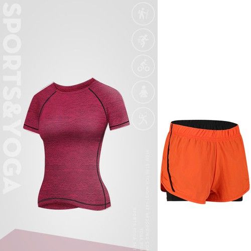 ส่งไวจากไทย-set-yoga-2in1-yoga-201-ชุดออกกำลังกายผู้หญิง-ชุดวิ่ง-ชุดโยคะ-เสื้อแขนสั้น-กางเกงขาสั้นสีส้ม