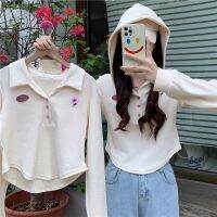 mjfds New Embroidery Irregular Polo Collar Hooded Short Sweatershirt