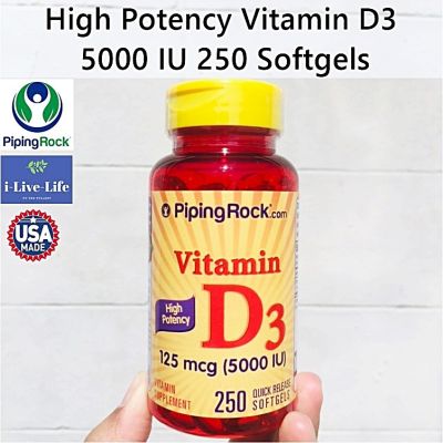 วิตามินดี 3 High Potency Vitamin D3 5000 IU 250 Softgels - PipingRock D-3 Piping Rock