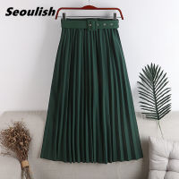 Seoulish 2022 New High Waist Womens Pleated Skirts with Belted Spring Summer Minimalism Elegant Office Female Midi Skirts Saia