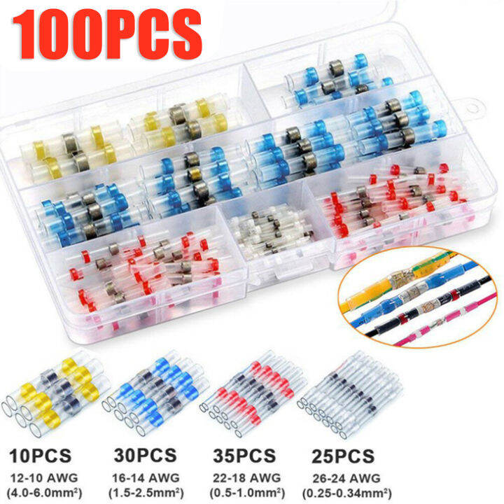 ตัวเชื่อมต่อแบบมีสายหดด้วยความร้อนไฟฟ้า100ชิ้นที่มีการกัดกร่อนและทนต่อสภาพอากาศแขนหดสำหรับลูกแบดมินตันทนทานคุณภาพสูงปลอกบัดกรีสเตอริโอทะเล