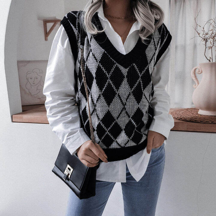 autumn-v-neck-casual-loose-knit-vest-sweater-women-fashion-all-match-pullover-tops-college-style-diamond-print-tank-sweater