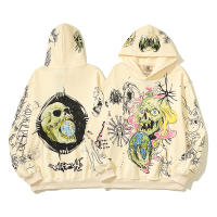 2023ฤดูใบไม้ร่วงฤดูหนาว Apricot Graffiti Skulls พิมพ์ Vintage Hooded Hoodie ผู้ชายผู้หญิง High Street Oversize Terry Pullover Y2K