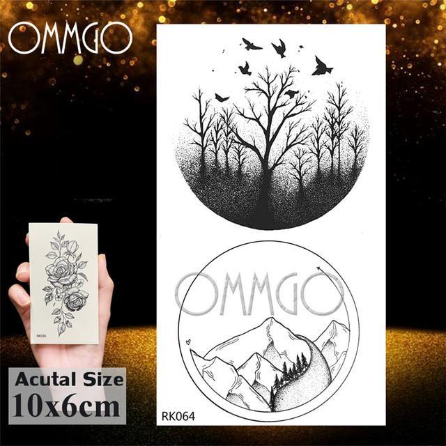 ommgo-รอยสักชั่วคราวขนนกสีดำป่าภูเขาสีดำสำหรับต้นสติกเกอร์หญิงรอยสักปลอมศิลปะร่างกายแผ่นลายสักสามเหลี่ยม