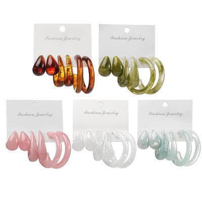 【YP】 3Pair Bohemia Hoop Earring Set Acetate Sheet Round Female Boho Jewelry