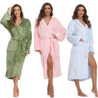 Witbuy Night Wear Women Robe Coat With Pockets Winter Warm Flannel Bathrobe Hooded Solid Long Sleeve Kimono Female Dressing Gown