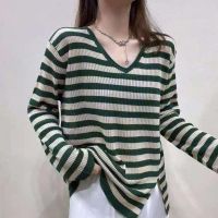 [COD] Striped V-neck loose lazy sweater women 2022 autumn new Korean version all-match slit buttons solid