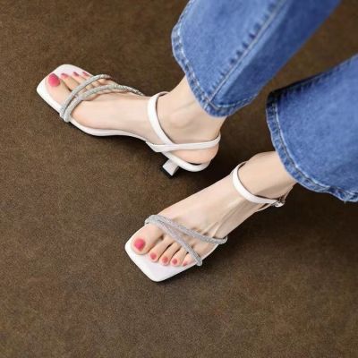 Treading on shit feeling sandals for women in autumn 2023, slim heeled French rhinestone with open toe high heels, fashionable square toe sandals