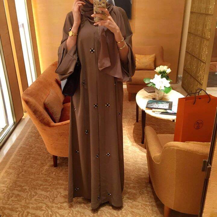 yf-2023-new-arrival-muslim-dress-for-women-beading-open-abaya-with-hijab-luxury-summer-clothing-ramadan-prayer-khaki-elegance-wear